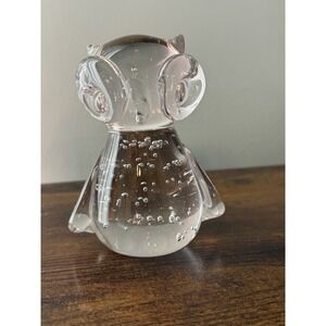 Art Glass Owl Figurine Paperweight Clear Controlled Bubble Heavy Glass.